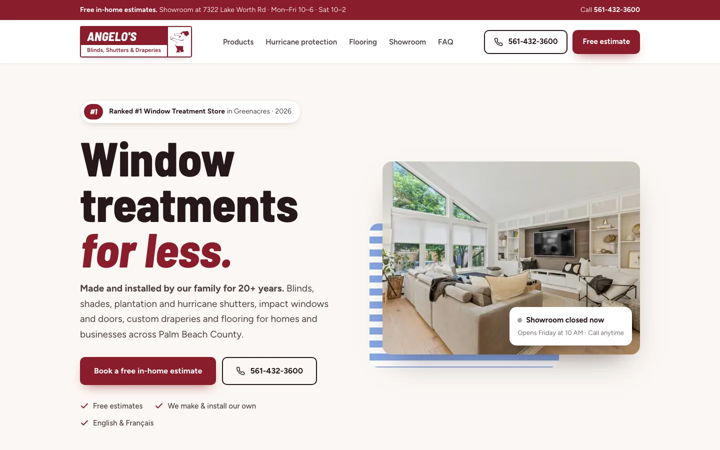 Angelo’s Blinds website on a laptop