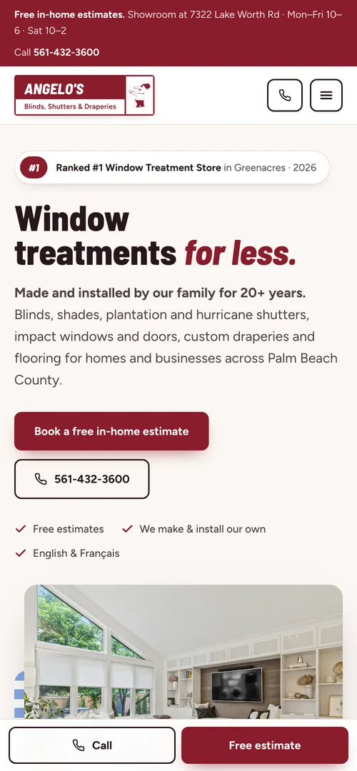 Angelo’s Blinds website on a phone